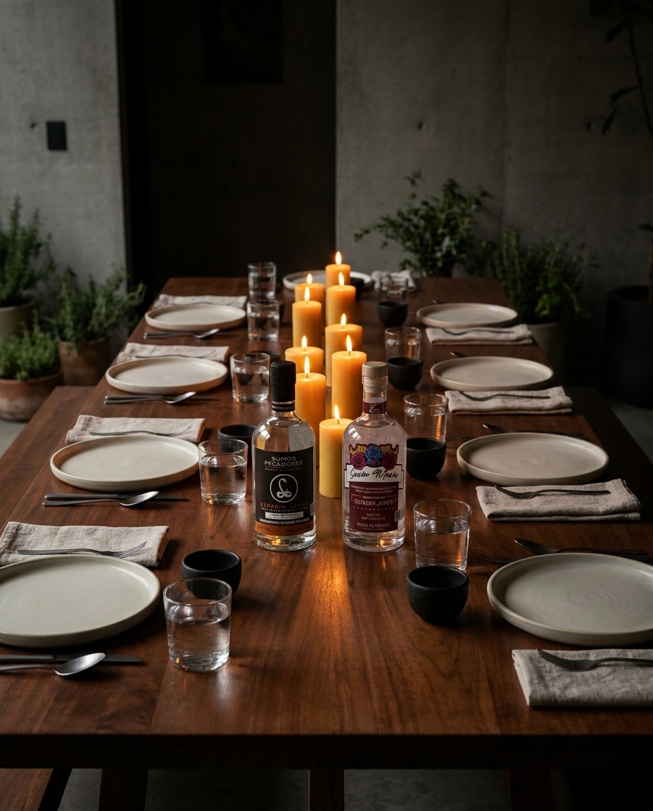 Mextapas supper club table set for eight — copitas, candlelight and linen, before the first mezcal pour